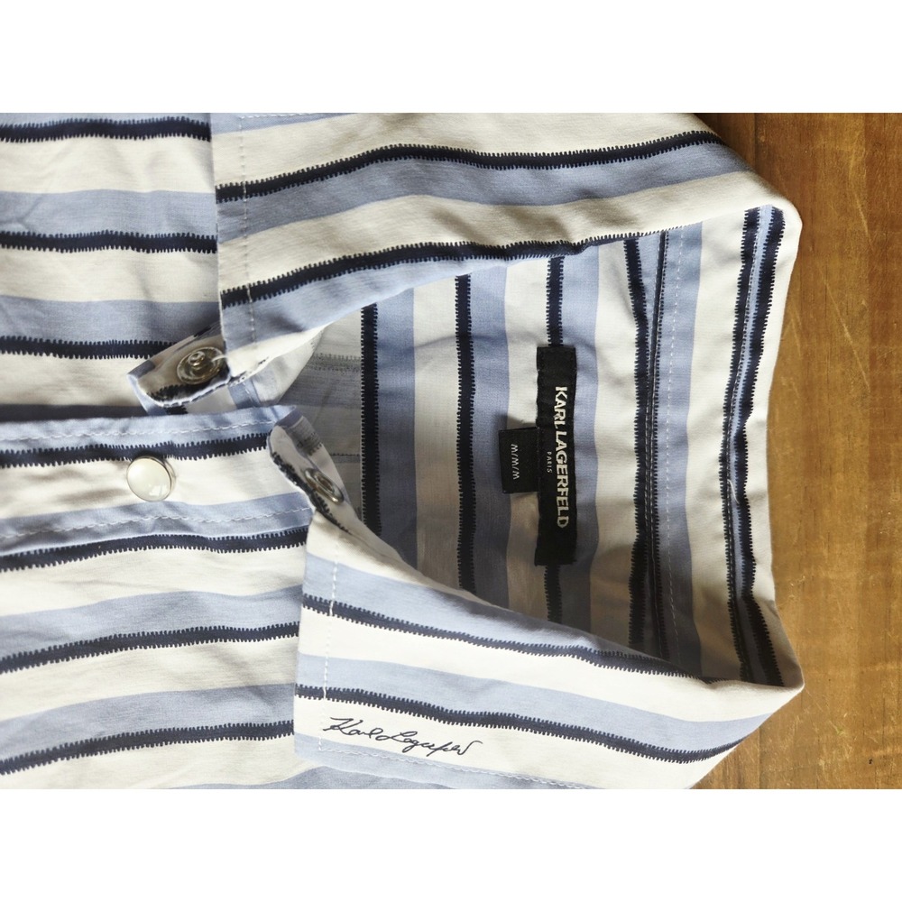 Karl Lagerfeld Paris Medium Pearl Snap Shirt‎ Blue White Striped Short Sleeve - Picture 5 of 7